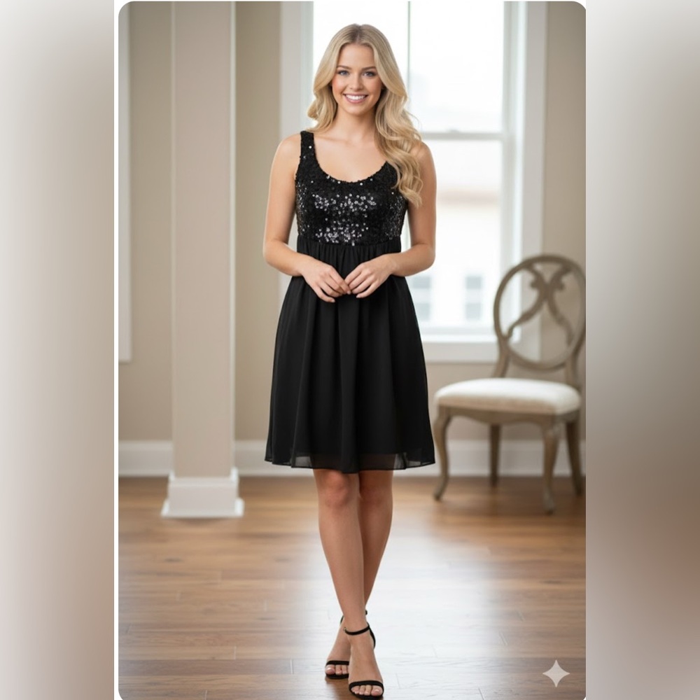 R&M Richards‎ Black Sequin Trim Chiffon Draped Sleeveless NWOT size 14 fairy